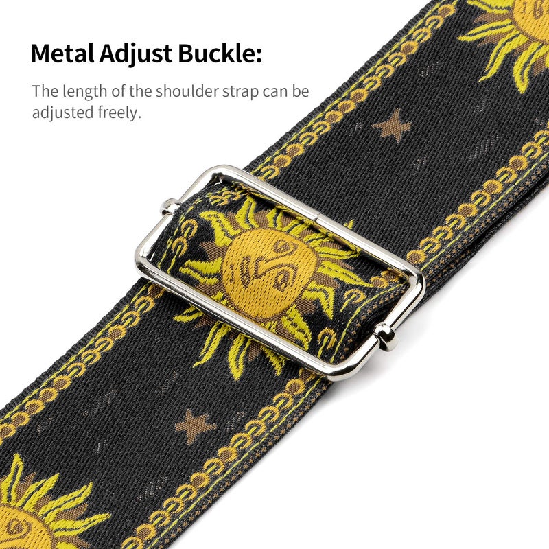 BestSounds Guitar Strap, Vintage Embroidered Sun Straps with Genuine Leather Ends Guitar Shoulder Strap for Bass, Acoustic,Classical & Electric Guitar (Black) - Image 4